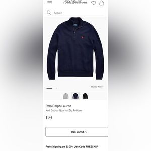 Ralph Lauren Polo cotton quarter zip. Size: L